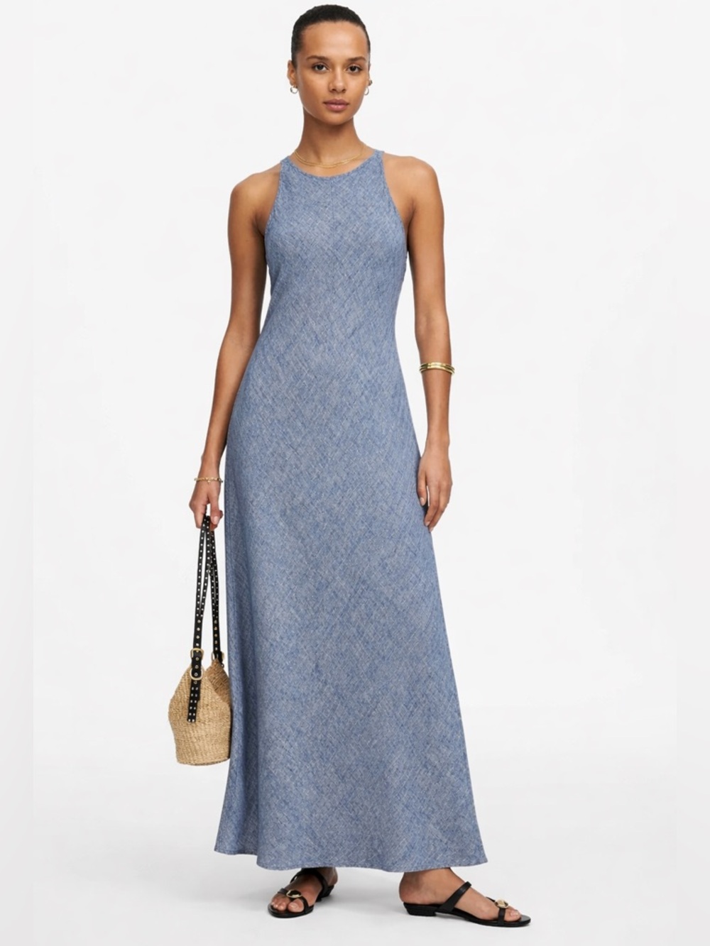 Chic Bias-Cut 100% Linen Maxi Sheath Dress w/ Side Slits